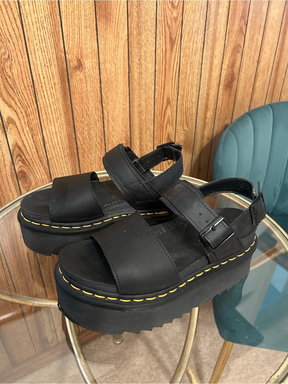 Dr. Martens Black Leather Platform Sandals with Yellow Stitching